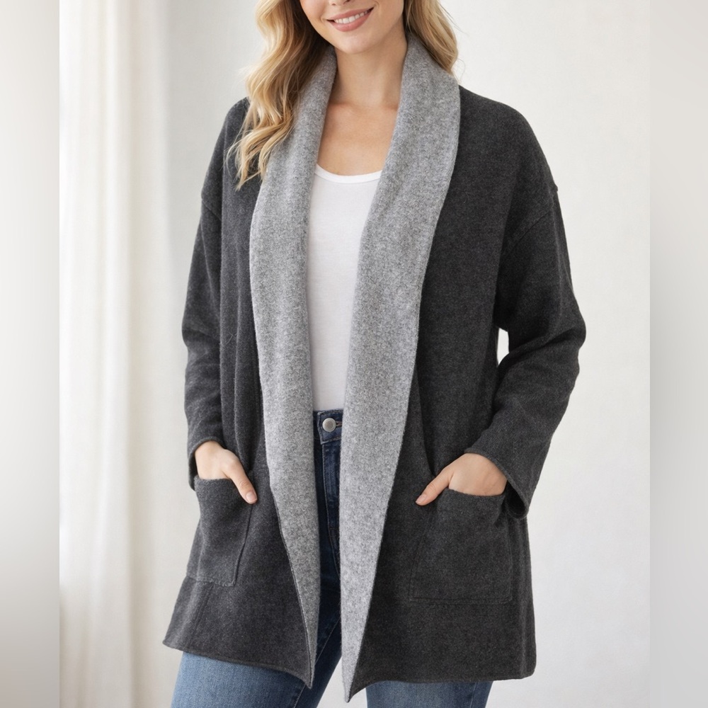 Tommy Bahama Lambswool Cotton Cashmere 2Tone Collar Cardigan Charcoal Gray Sz M